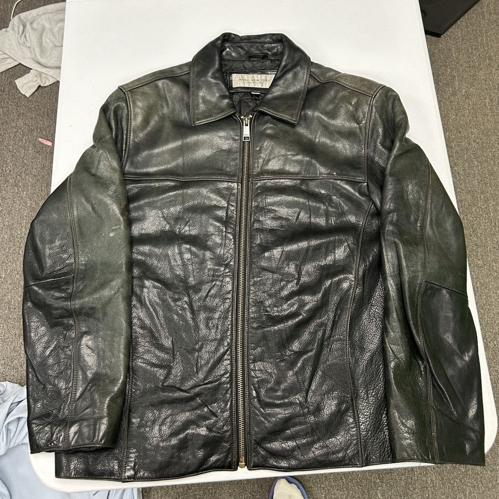 Marc New York Leather Jacket Mens XL Black Distressed Full Zip Quilted Lining